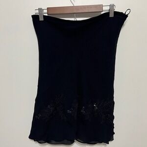 Paradise NY Black Beaded Floral Rayon Skirt Petite Small Y2K Whimsigoth Mini